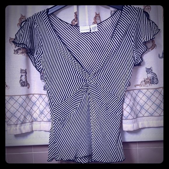 Newport News Tops - White & Black Split Sleeve Striped Newport News Flutter Sleeve Gauzy Blouse Top